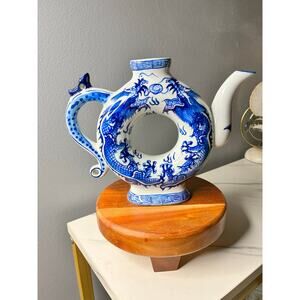 Vintage Chinese Blue & White Dragon Ring Vase Teapot Style Porcelain